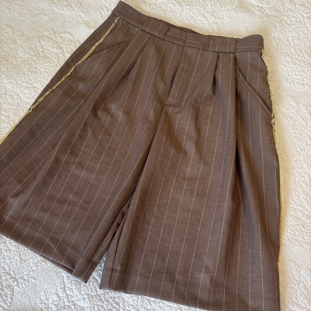 Anthropologie Pinstripe Oversized Pleated Trouser Shorts Wide Leg Fringe Side 12